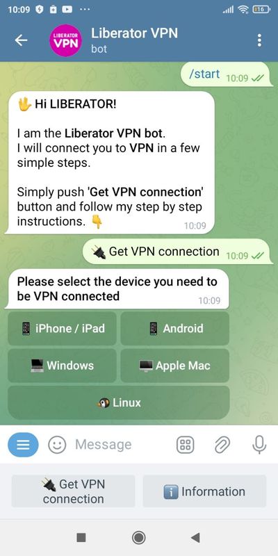 Liberator VPN Telegram Bot - select device type